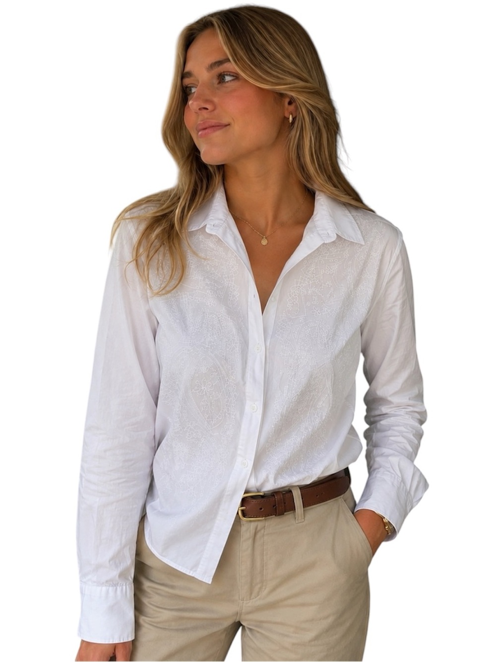 Coldwater Creek Floral Embroidered Blouse Full Front Zip Cotton White Size M
